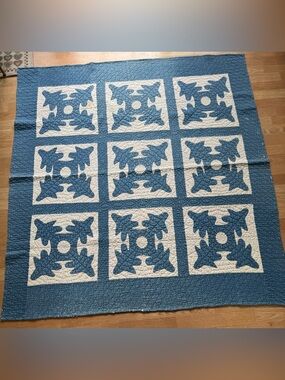 Antique Oak and Reel Blue and Cream Quilt - Hand Stitched 64x60